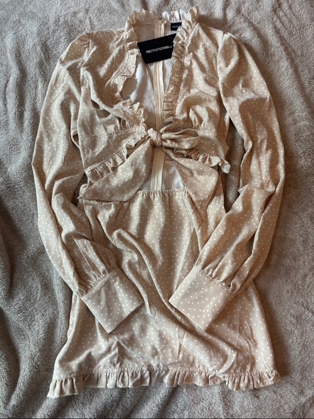 PrettyLittleThing Beige Polka Dot Ruffle Tie-Front Mini Dress